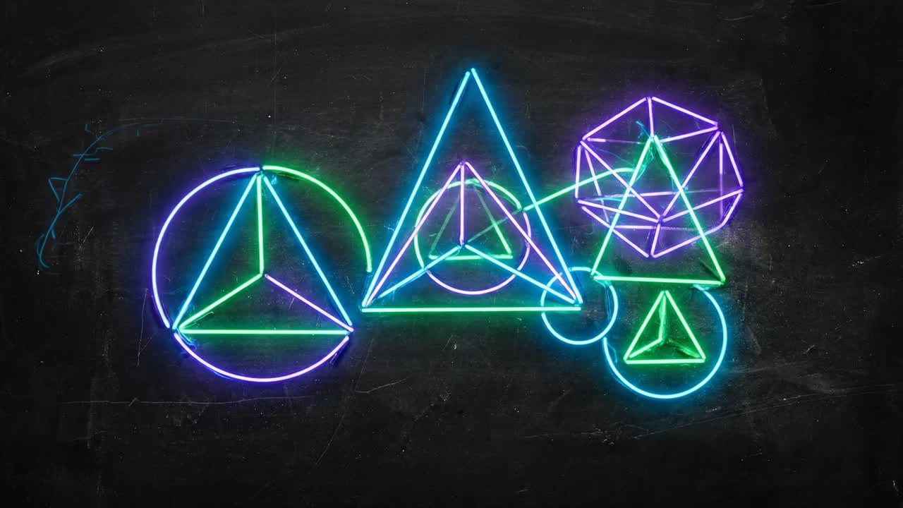 Forme animate al neon di geometria sacra su lavagna scura