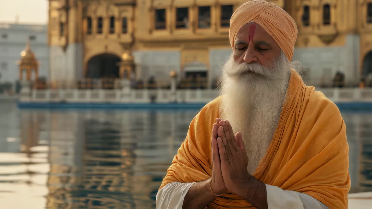 Reverent sikh priest wearing vibrant orange turban and flowing white beard, standing with hands joined in deep spiritual prayer within sacred Golden Temple complex in Amritsar, Punjab