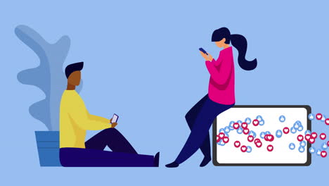 animation of people using electronic devices and social media icons on screen