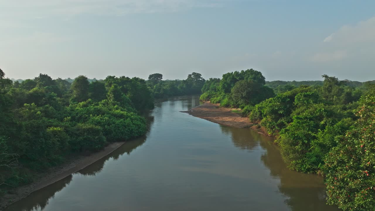 Drone flying forward over the Mahaweli River, showcasing peaceful riverbanks, flowing water, and vibrant Sri Lankan nature
