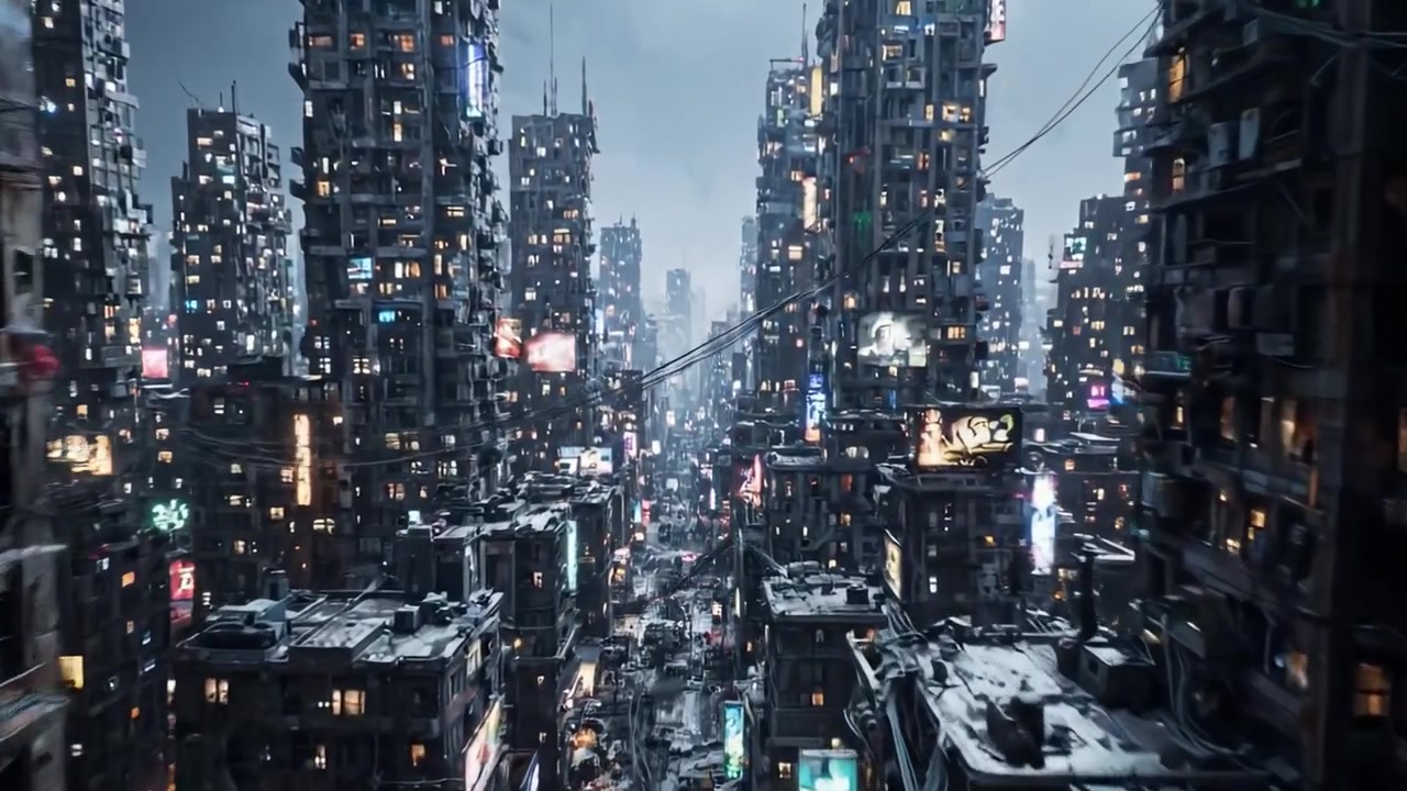 Et dystopisk bylandskab udfolder sig i hjertet af en neonoplyst metropol, hvor sammenfiltrede ledninger og tårnhøje strukturer dominerer skyline, hvilket skaber en uhyggelig, men fængslende atmosfære.