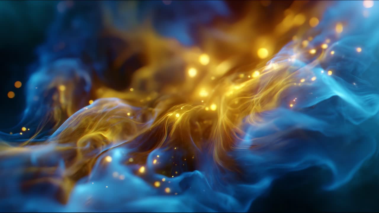Fluxo abstrato fascinante de cores e luz: uma bela exibição de ondas azuis e douradas com efeitos cintilantes que criam uma atmosfera de sonho