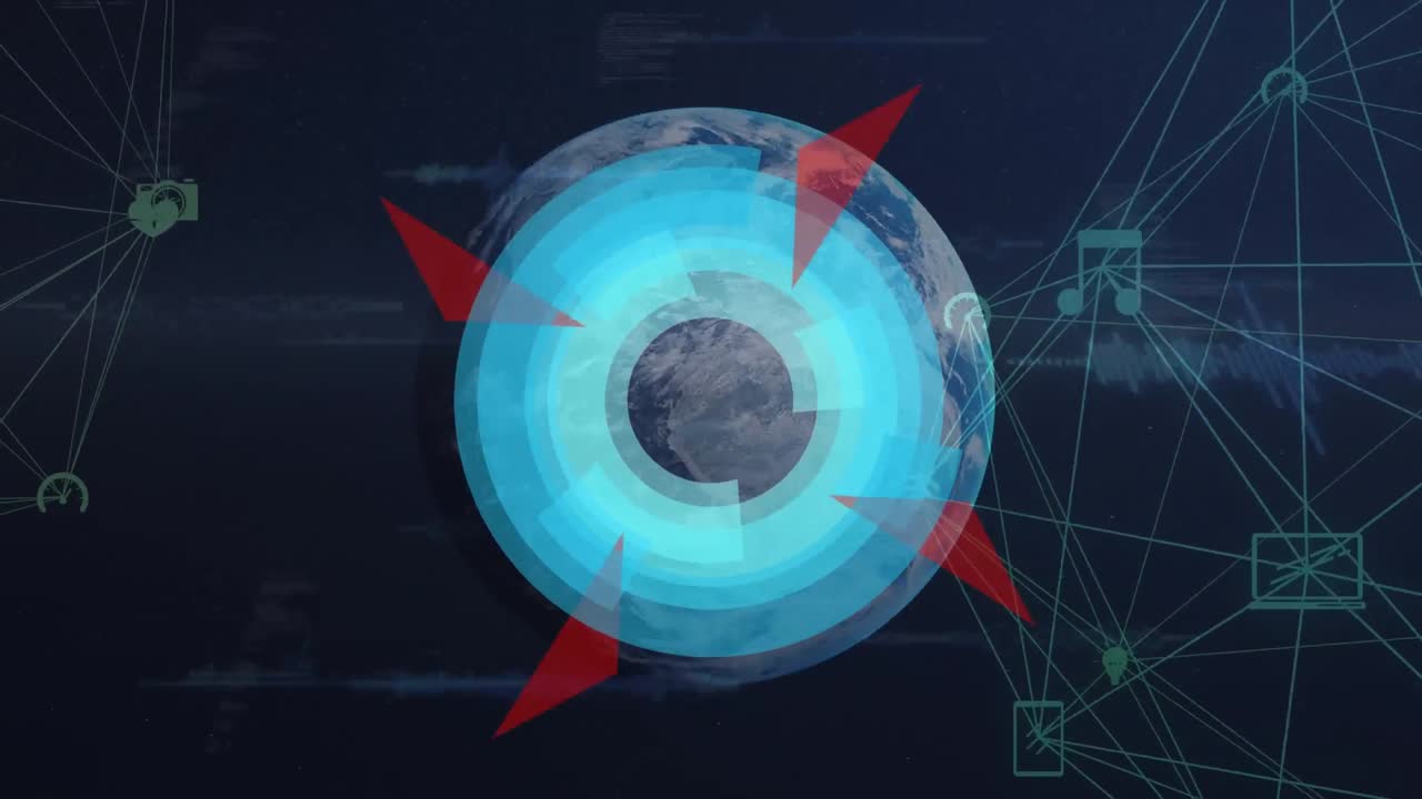 escáneres redondos de neón sobre el globo de una red de iconos digitales que giran contra el globo sobre un fondo azul