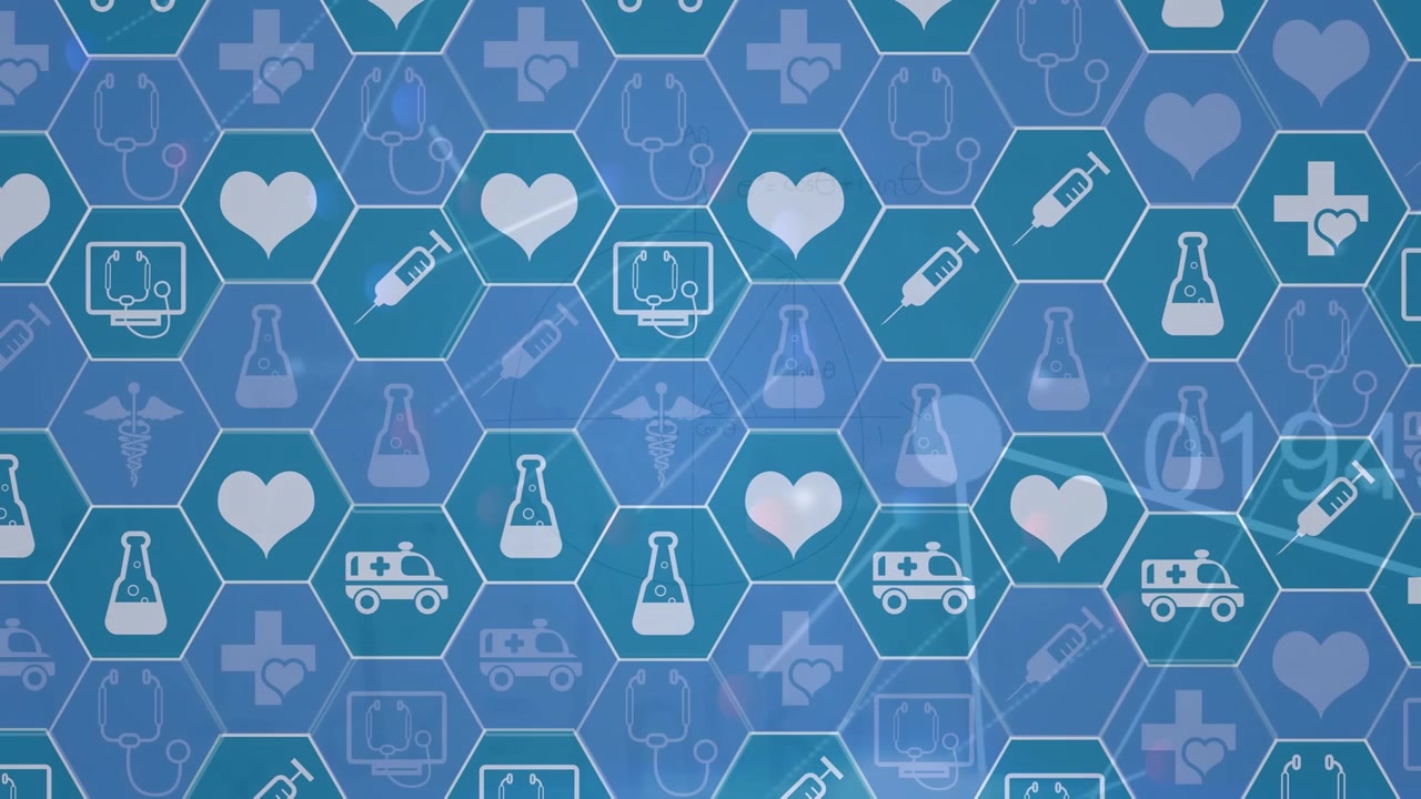 Animação de ícones médicos e processamento de dados.