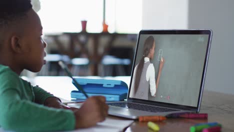 Afroamerikanischer-Junge-Macht-Hausaufgaben,-Während-Er-Zu-Hause-Einen-Videoanruf-Mit-Einer-Lehrerin-Auf-Dem-Laptop-Führt