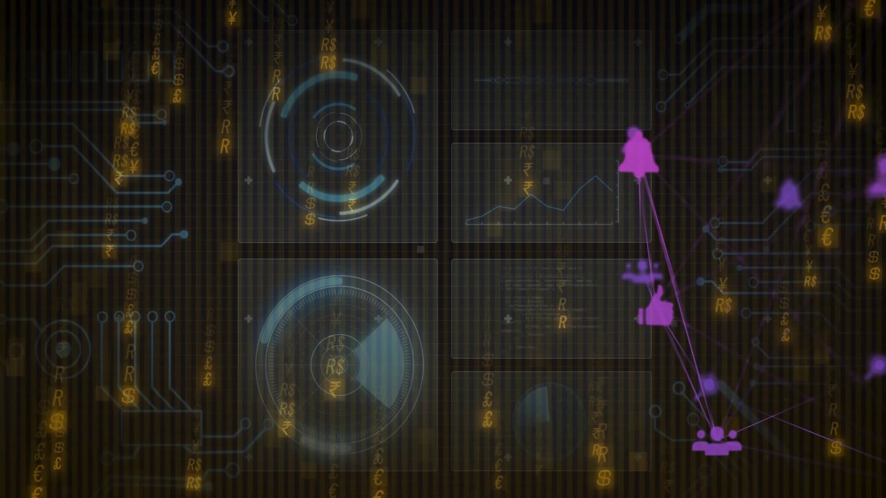 Futuristic dashboard glowing on circuit lines showing panels currency symbols and social icons