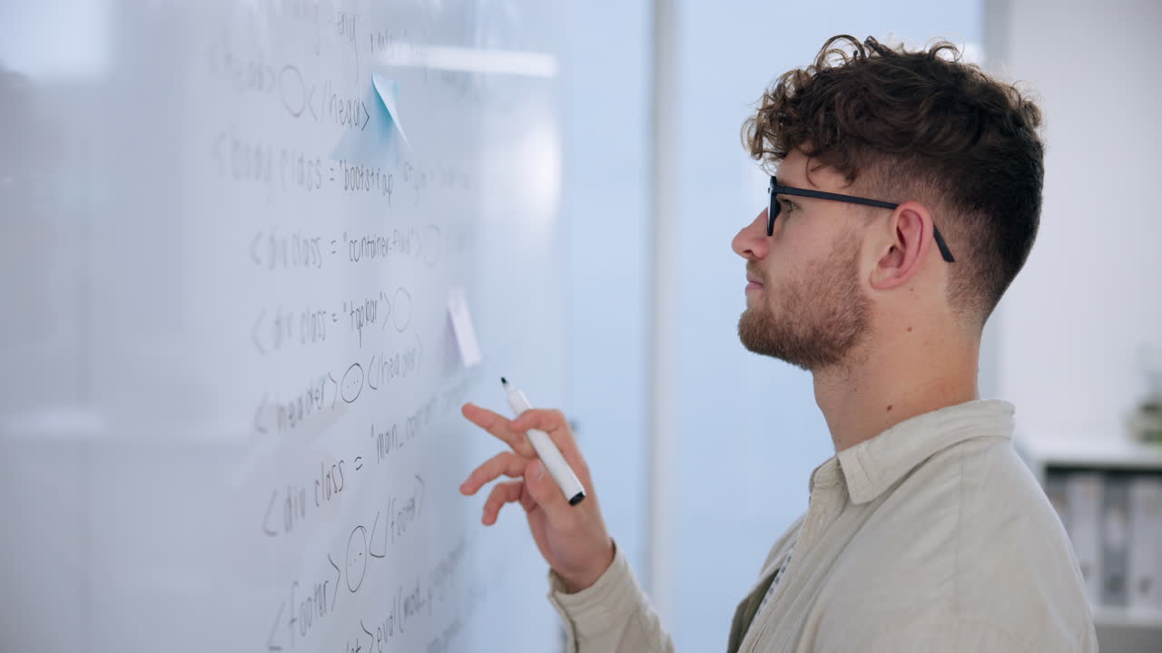 Man writing code on a whiteboard