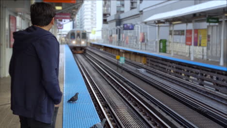 Joven-Hispano-Esperando-El-Tren-En-La-Estación-De-Tren-En-Chicago-Illinois-Mientras-Algunas-Palomas-Vuelan-Cuando-Llega-El-Tren