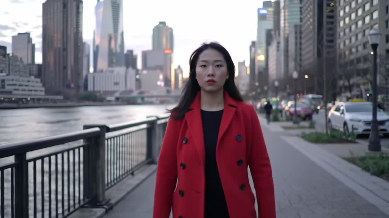 A woman confidently strolls along the riverfront, wearing a striking red coat. The city skyline looms in the background, illuminated by the evening light.