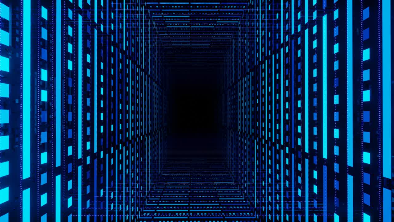 Blue pattern. Fly through mirror tunnel with neon pattern, glow lines form sci fi pattern. Bright reflection neon light. Simple bright background, sci fi structure. 4k seamless looped animation.