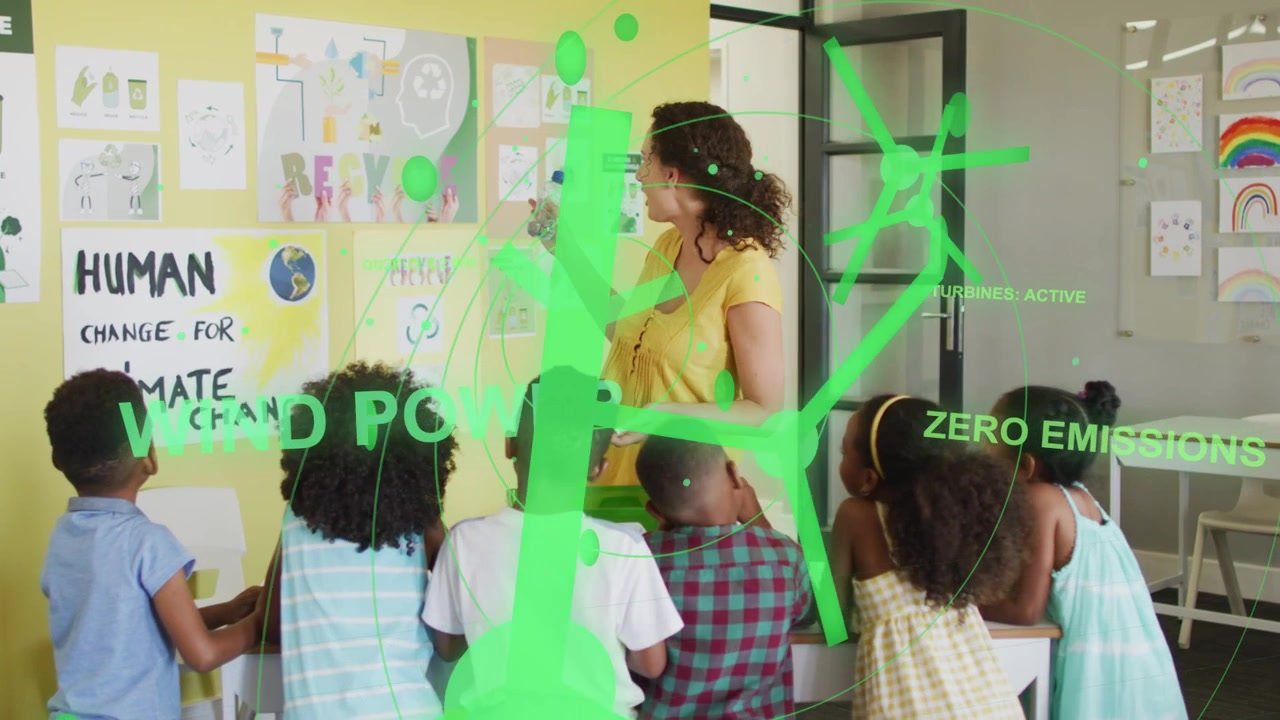 Teacher pointing at climate poster in classroom green overlays appearing and teaching wind power