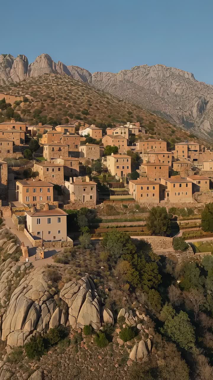 Video verticale: drone in partenza che mostra case in pietra color sabbia e terrazze sul fianco di una collina, catturando la muratura