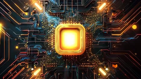 A computer circuit board with a golden square in the middle