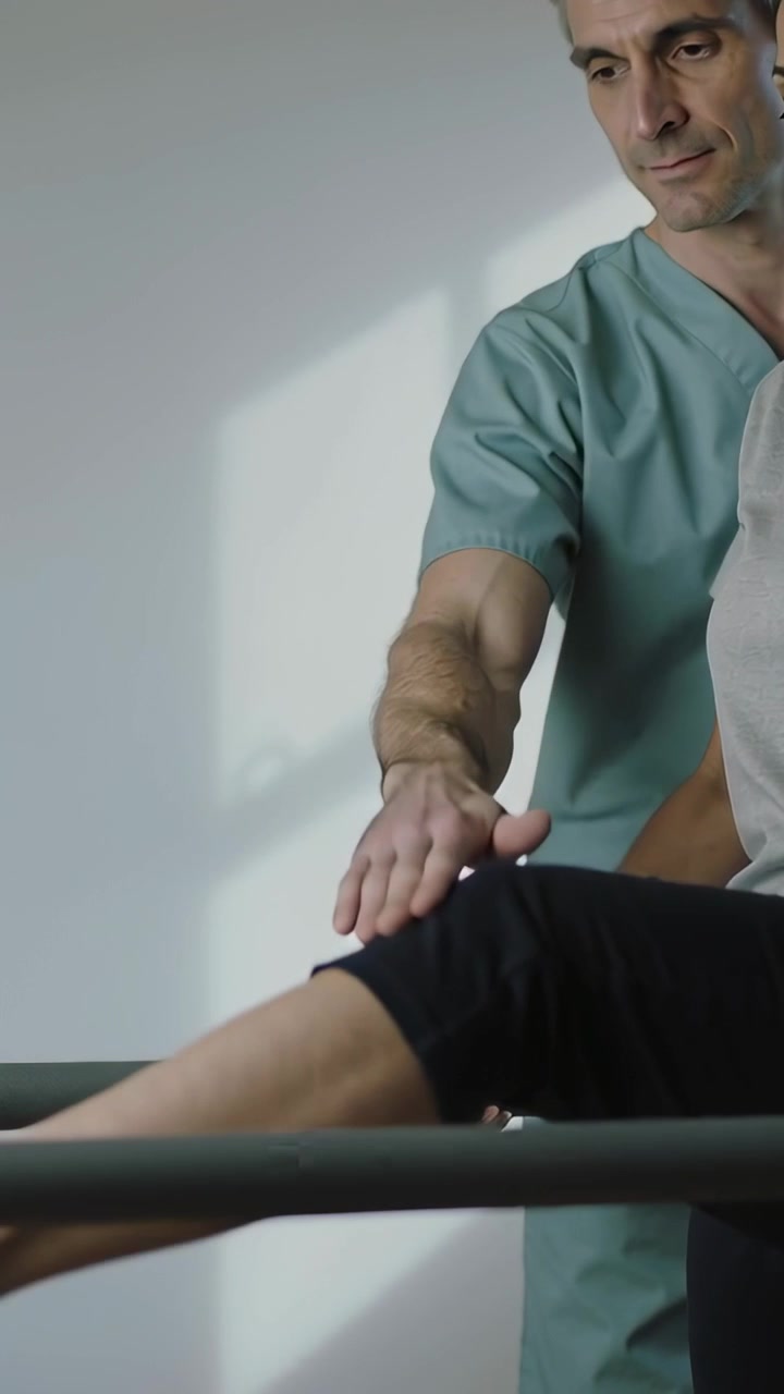 Video verticale: Paziente che estende la gamba destra sulle barre per la riabilitazione, fisioterapista che guida il ginocchio con le mani indossando un camice