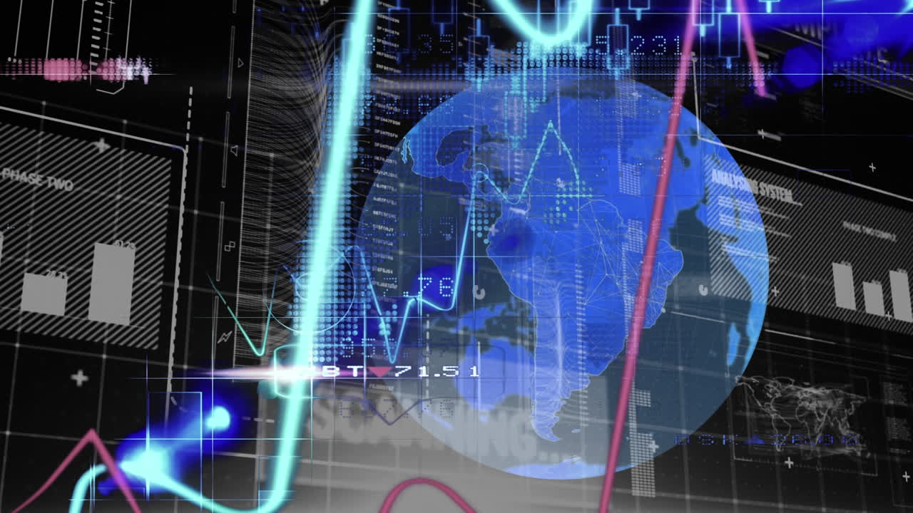 animación de la rotación del globo contra el procesamiento de estadísticas y datos financieros