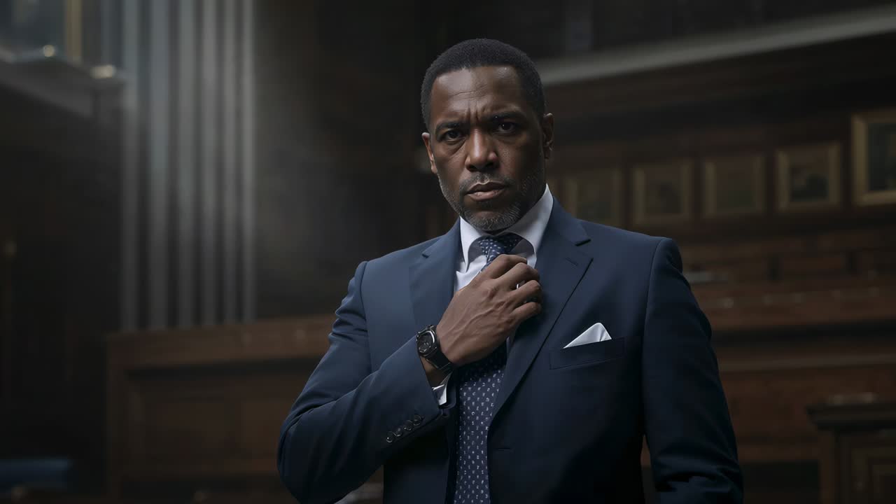 Adjusting tie knot, man in navy suit steadying composure in courtroom under left light, wristwatch