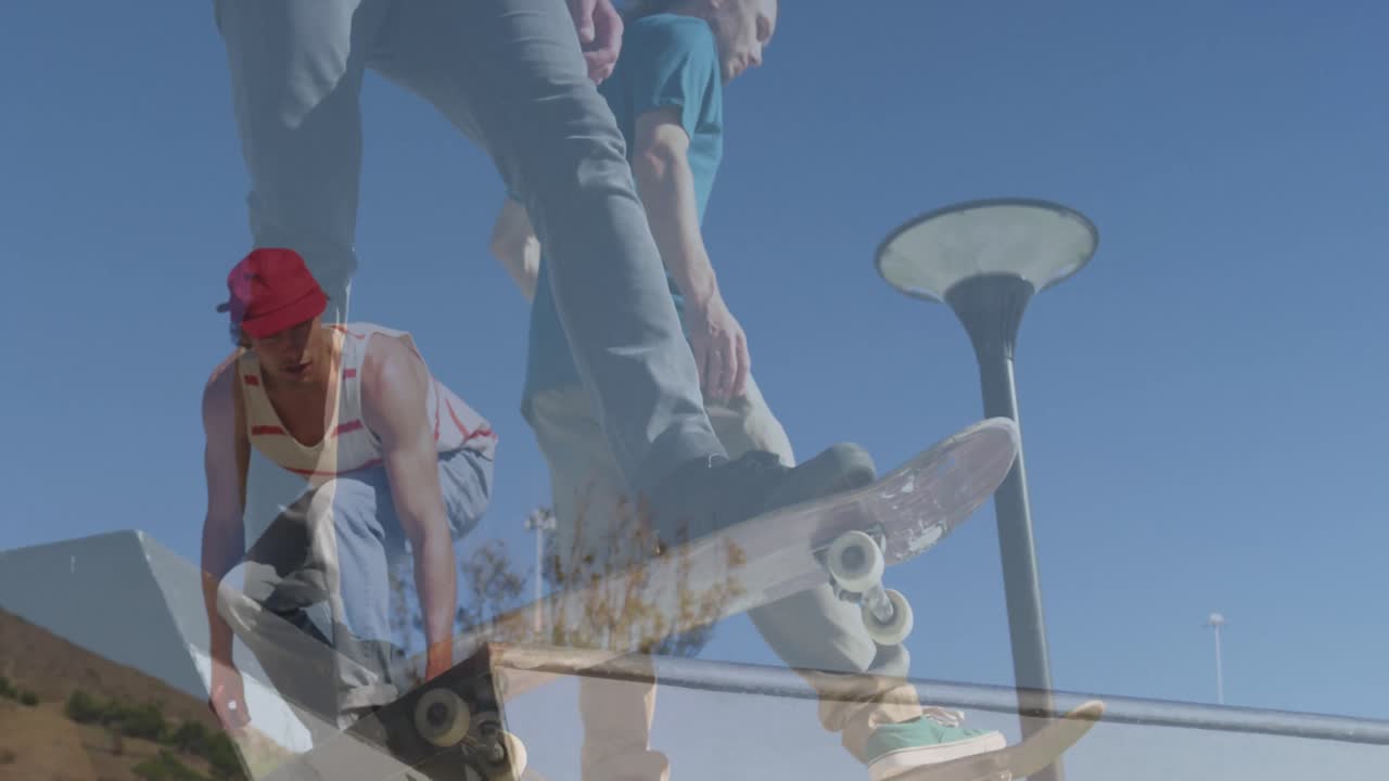 스케이팅하는 사람들의 이중 노출의 애니메이션