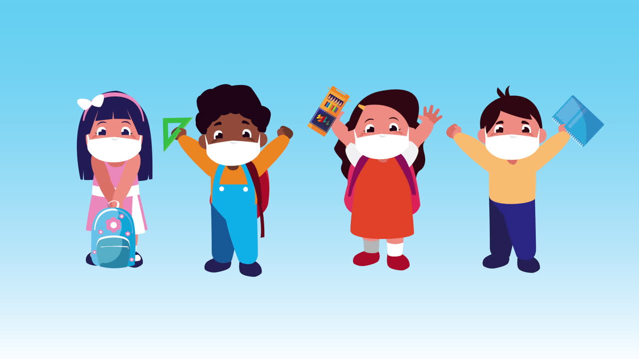 의료 마스크를 착용한 어린 학생 캐릭터