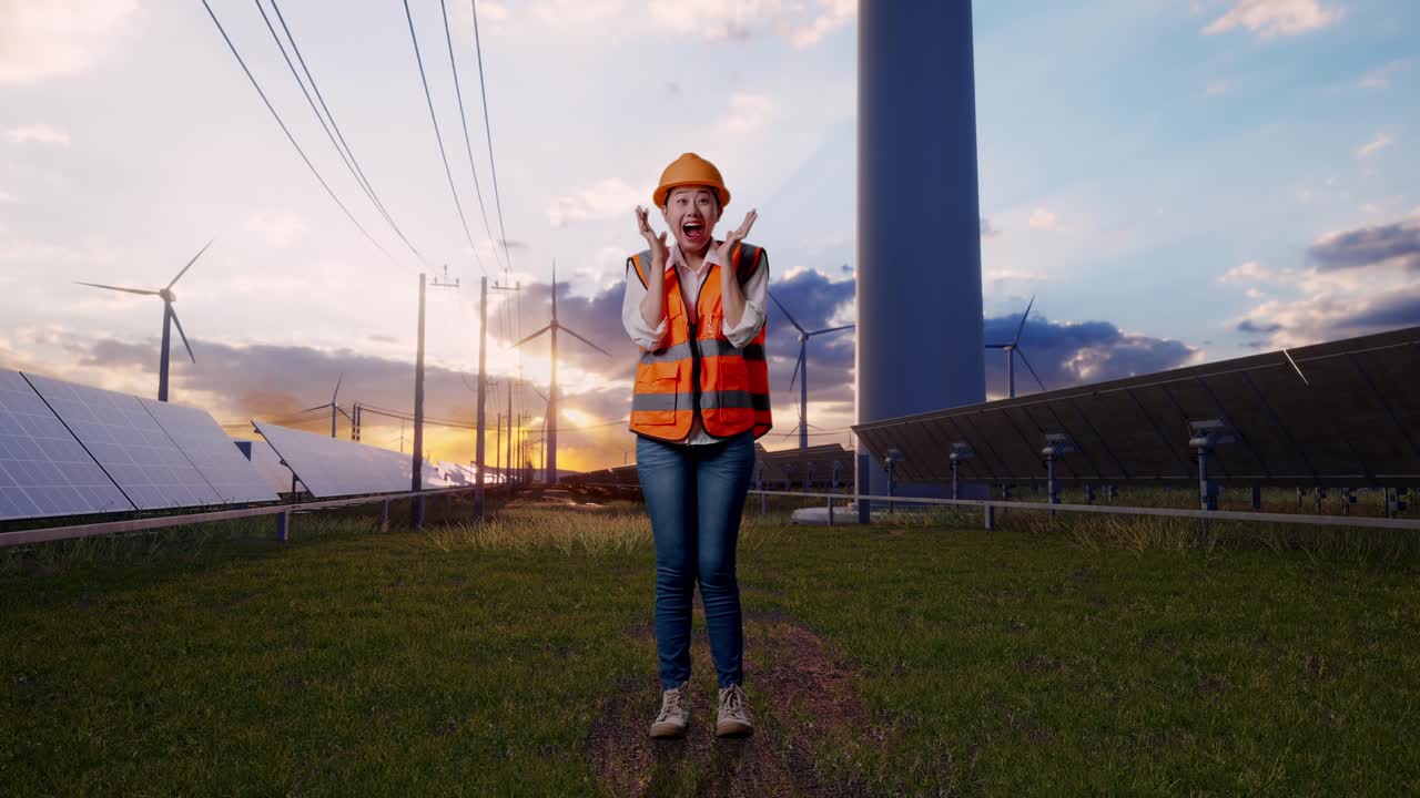 Full Body Of Asian Female Engineer With Safety Helmet Smiling To Camera And Saying Wow With Solar Panel and Wind Turbines