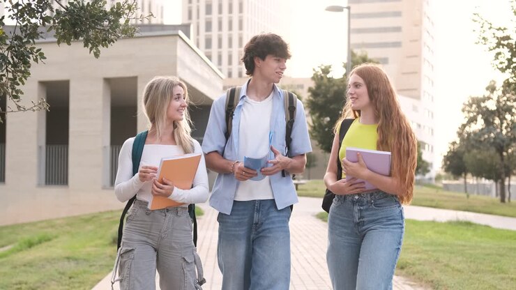Studenti universitari allegri con quaderni nel campus