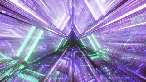 Computerized-motion-graphics-of-moving-into-highly-reflective-blue-triangular-space-tunnel-with-light-of-enlightenment,-3d-rendering-and-illustration