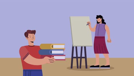 pareja de negocios con libros y animación de cartón