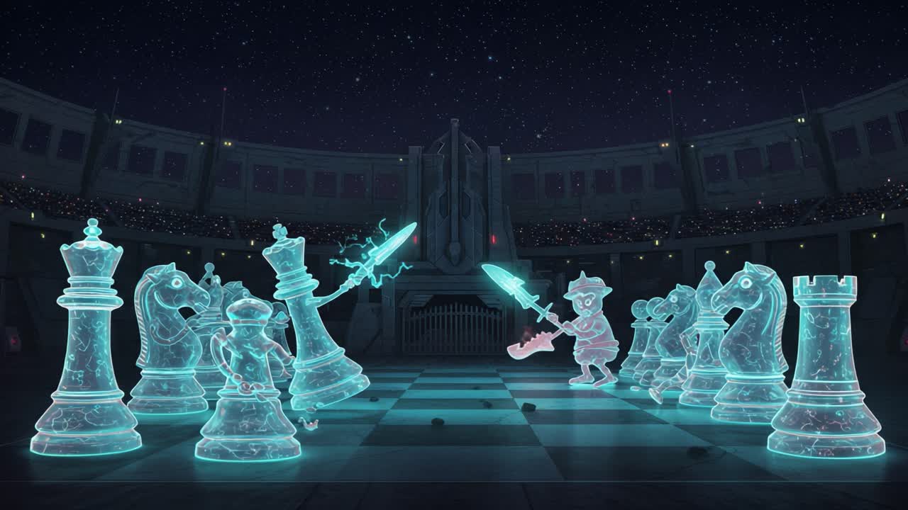An Enchanted Chess Battle: Spectacular Ghostly Figures Engage in an Epic Duel Under a Starry Sky in a Mystical Arena Filled with Elephants and Knights