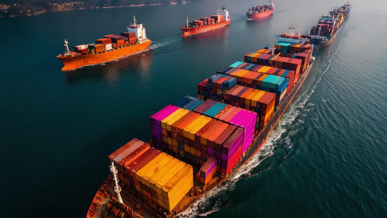 An Aerial View of Cargo Ships at Sea, Highlighting Colorful Container Stacks Against a Serene Maritime Background as They Navigate Through Calm Waters
