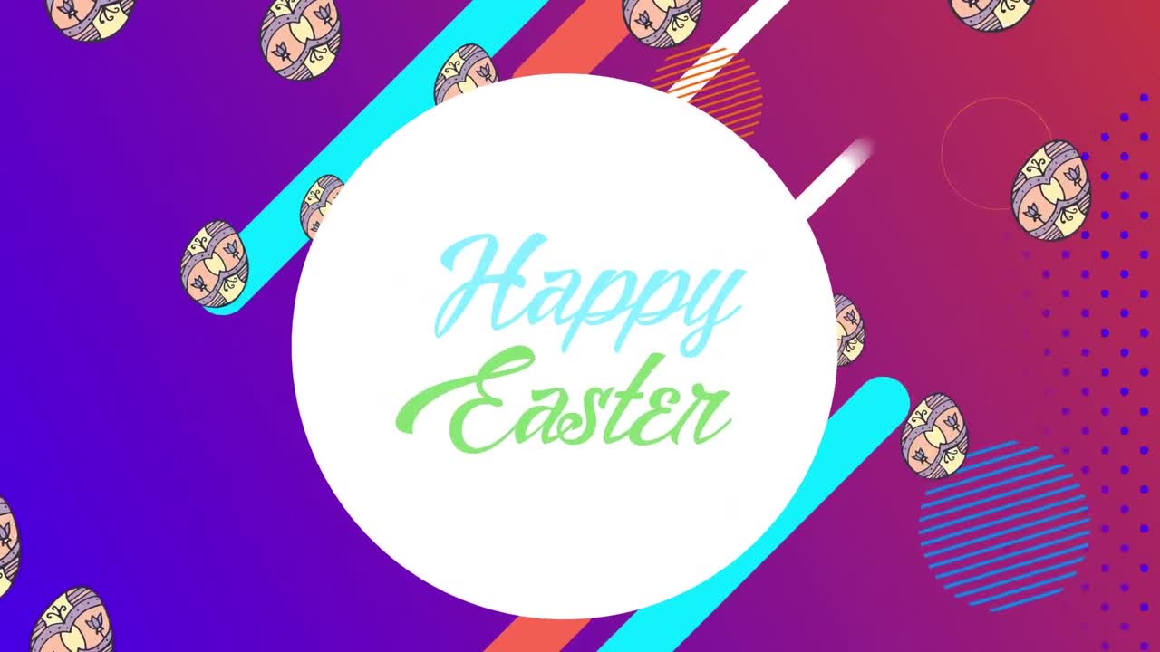 Animazione del testo "Buona Pasqua" su icone a forma di uovo e forme colorate.