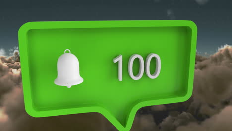 animación del icono de alerta con números en la burbuja de habla sobre el cielo y las nubes