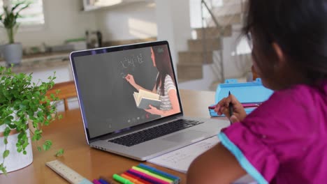 chica afroamericana haciendo la tarea mientras hace una videollamada en una computadora portátil en casa