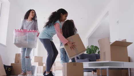 familia sonriente llevando cajas a su nuevo hogar el día de la mudanza