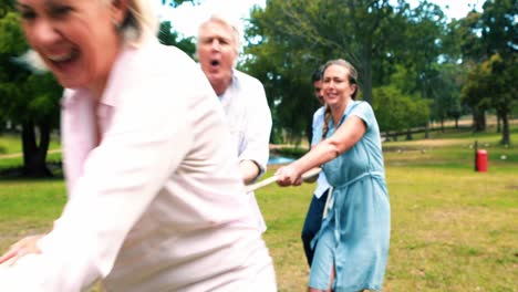 multi-generation family pulling a rope in tug of war