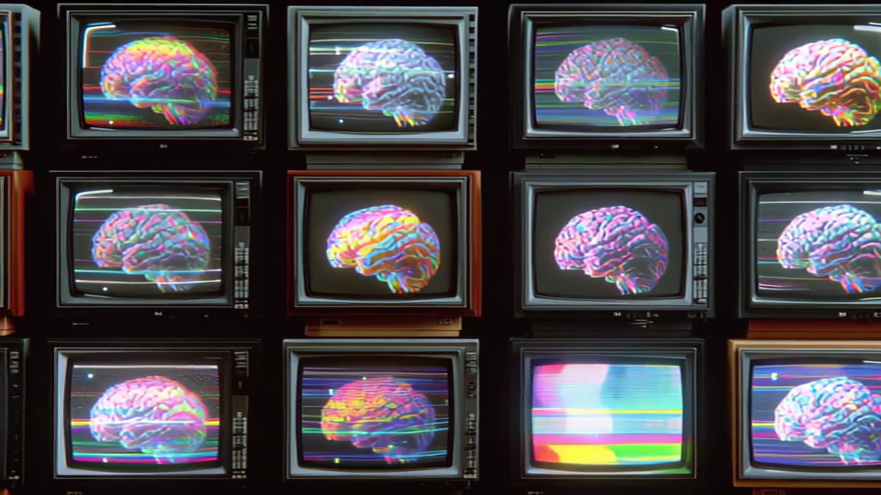 Footage of multiple retro CRT TV screens in a grid displaying a colorful human brain scan with VHS glitch and static, concept for technology, media and AI