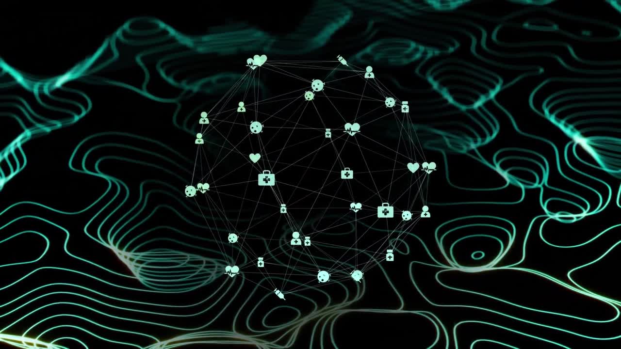 Animation of globe, data processing over network of connections
