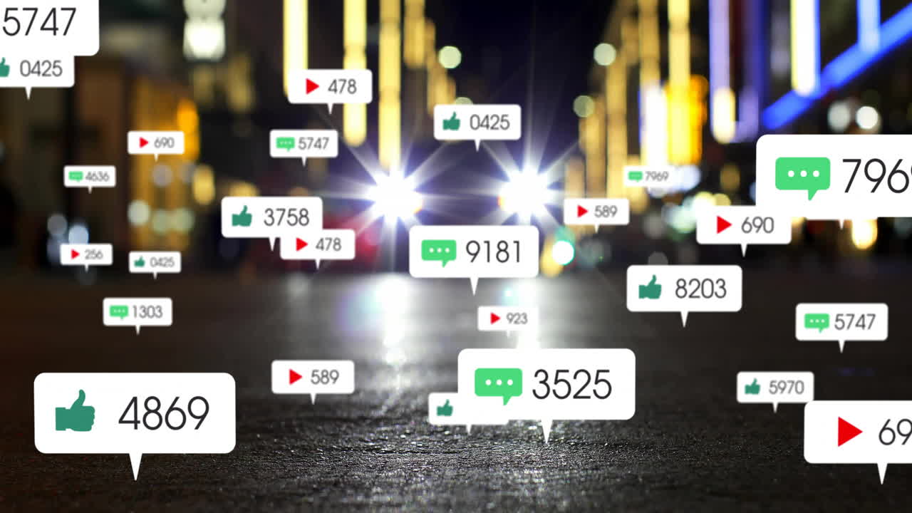 도시 풍경에서 점점 더 많은 수의 소셜 미디어 아이콘의 애니메이션