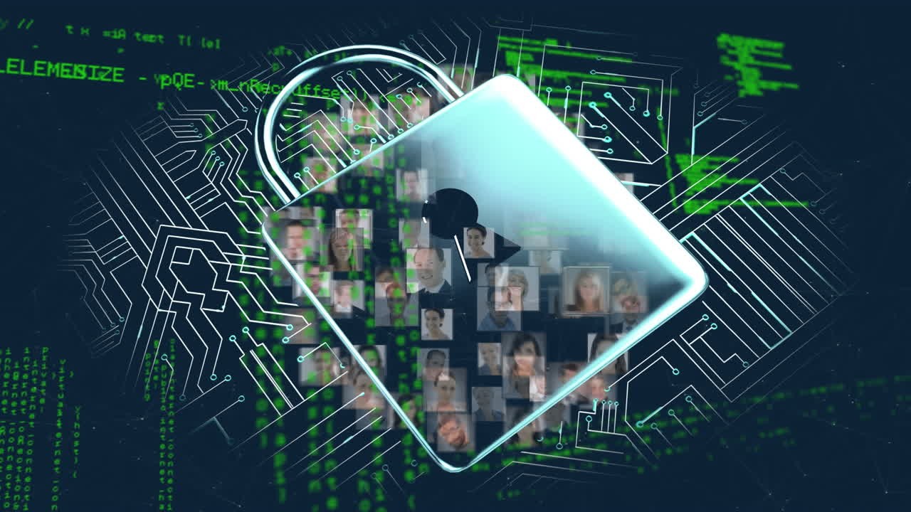 Animation of data processing padlock and networks of connections over dark background