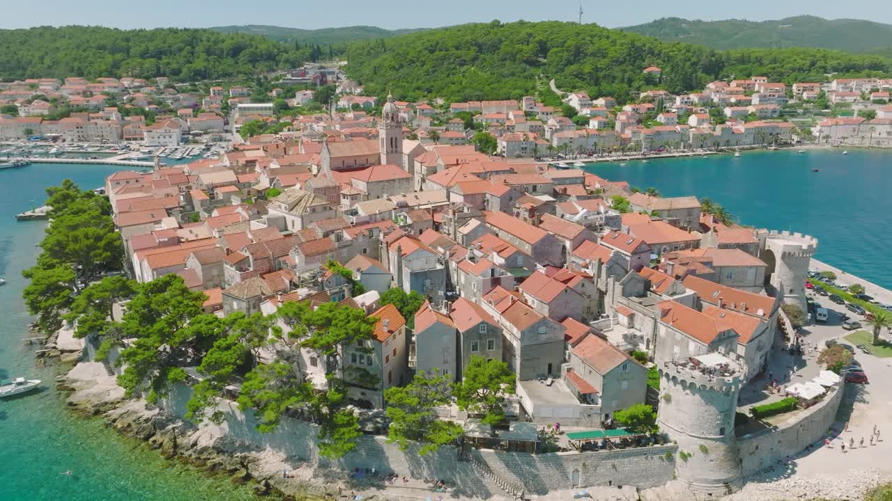 Historic Town Of Korcula, Island In Archipelago Of Southern Croatia - aerial drone shot