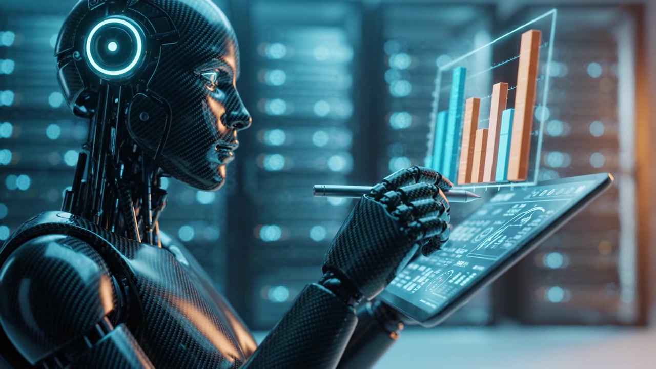 Futuristic Robot Analyzing Data: An Artificial Intelligence System Interacting with Digital Graphs in a High-Tech Server Environment