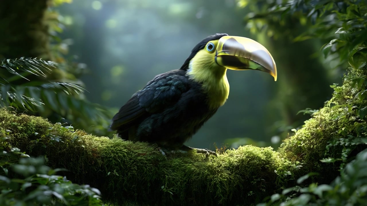 Un maestoso tucano appollaiato con grazia su un ramo coperto di muschio, circondato da una vegetazione lussureggiante, che cattura l'essenza della fauna selvatica tropicale in un'atmosfera serena della giungla.