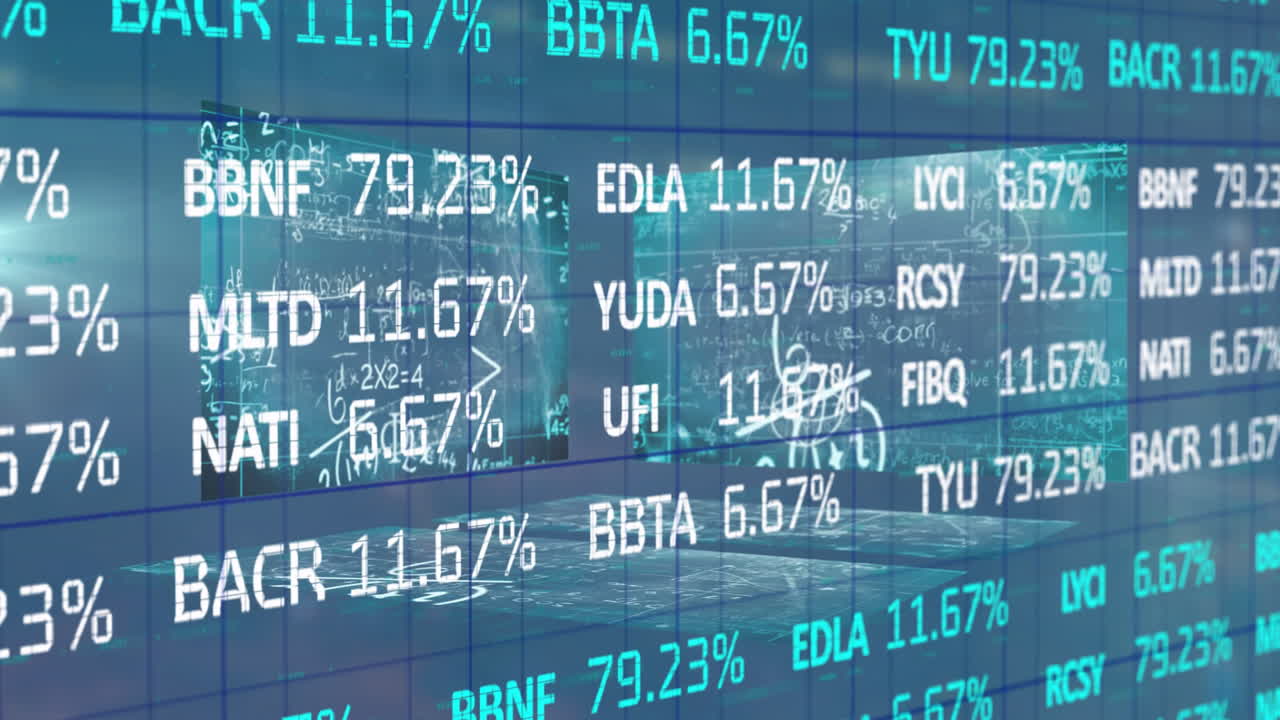 Overlaying digital screen, financial graphs and stock market data with percentages