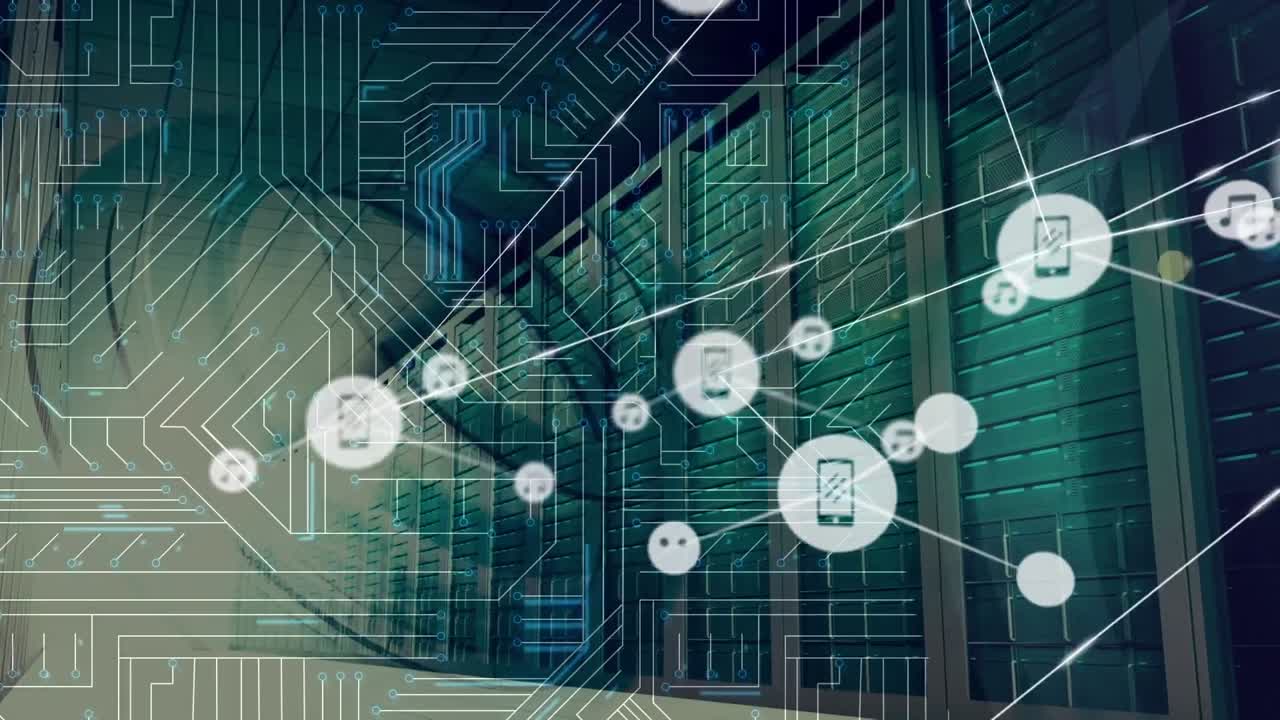 Animation of network of digital icons and microprocessor connections against computer server room