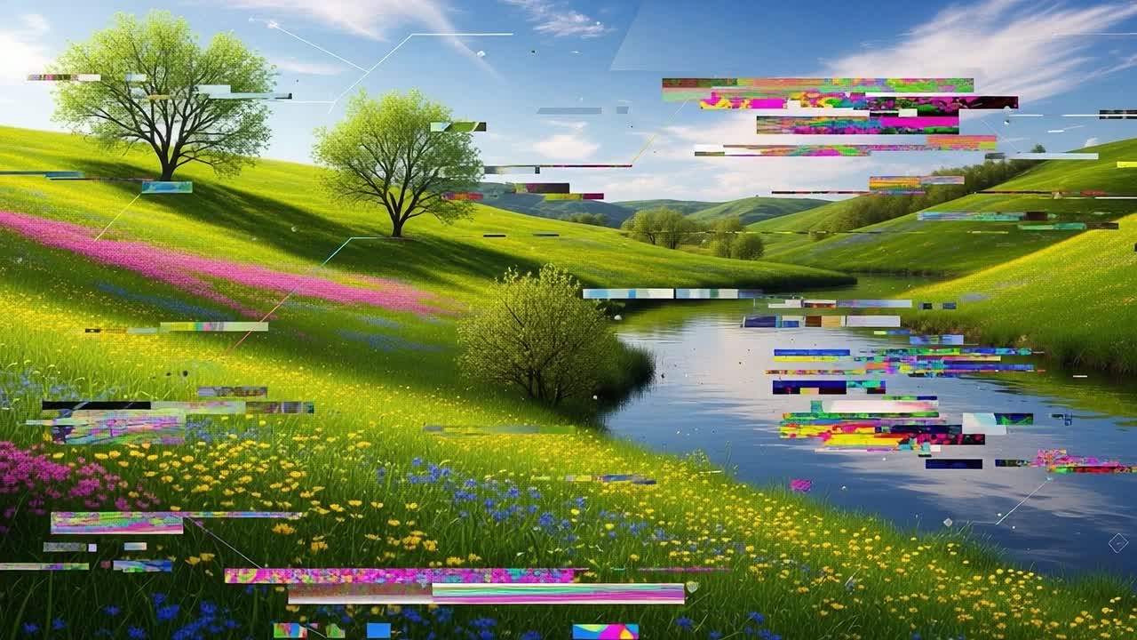 A Beautiful Spring Landscape with Vibrant Flowers and a Serene River Flowing through Rolling Hills Under a Clear Sky, Enhanced with Unique Digital Glitches