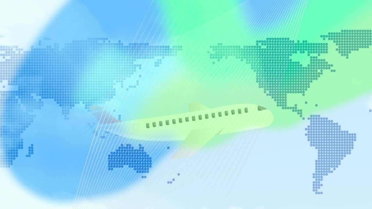 飛行機の上を世界地図が覆うアニメーション。