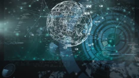 animazione del globo sopra l'elaborazione dei dati e il paesaggio urbano