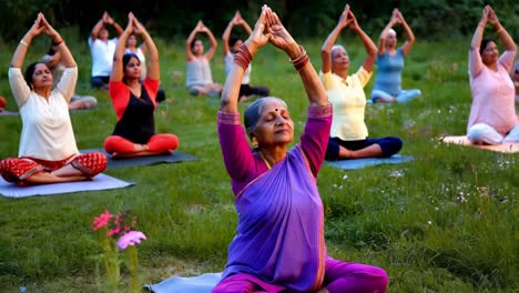 senior women practicing yoga outdoors