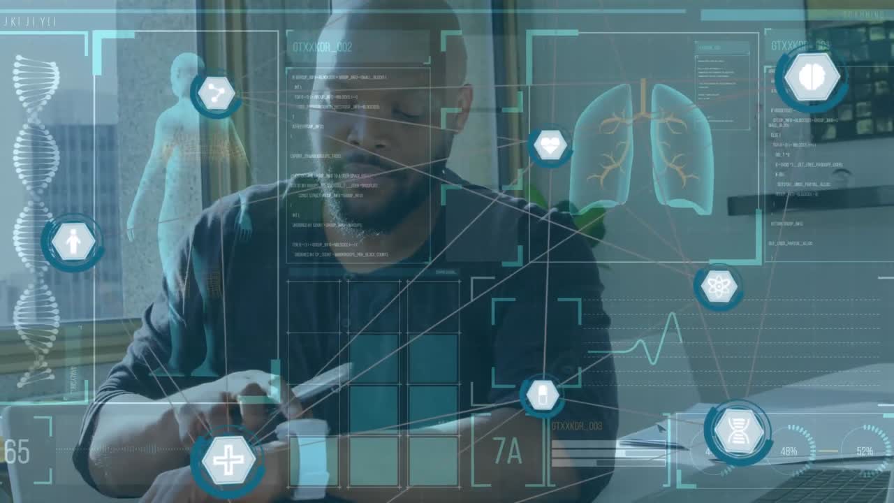 Web of connections icons and medical data processing against man using smartphone