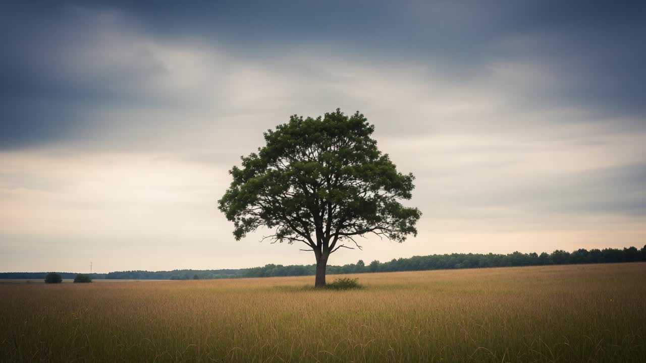 A solitary tree stands gracefully in a vast field under a moody sky, capturing the essence of nature's tranquility and beauty in a serene landscape
