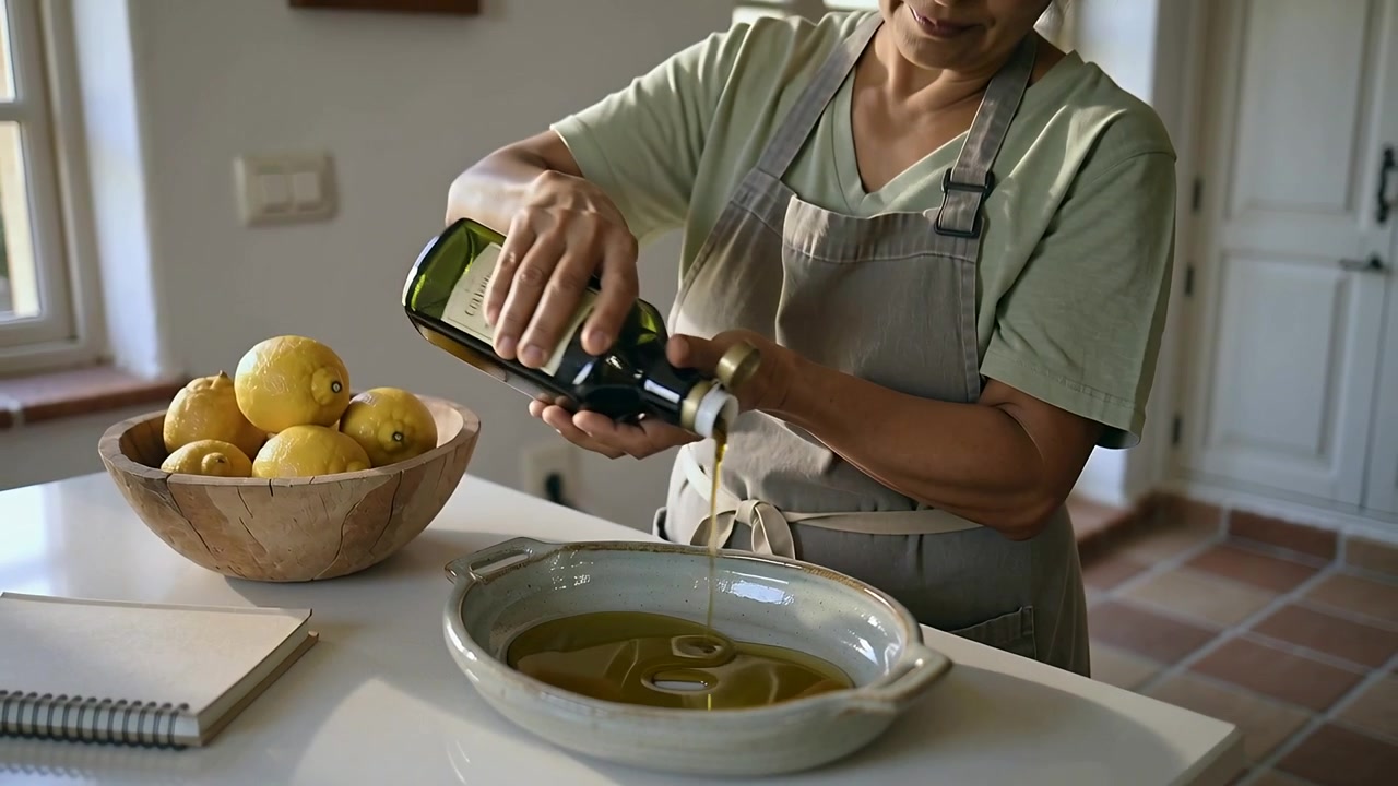 Cuoco che versa olio d'oliva tenendo ferma la bottiglia sopra un piatto mentre prepara un condimento, indossando un grembiule e usando un taccuino
