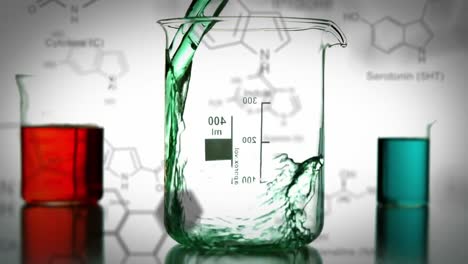 laboratory beakers with data and structural formula of chemical compounds in the foreground